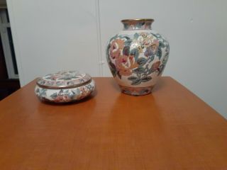 Rare,  Vintage Chinese Ceramic Set: Vase And Trinket Bowl W/lid Andrea By Sadek