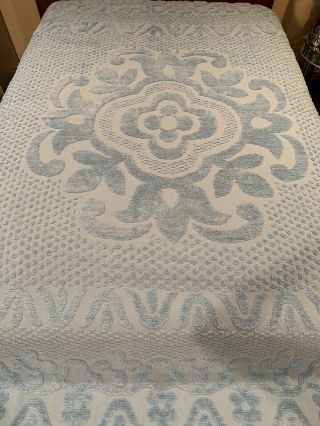 Vtg Chenille Bedspread Queen Blue 100 Cotton 102 X 118 " Made In India Rare
