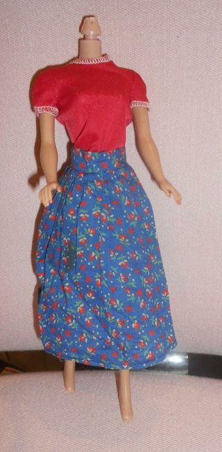 Vintage Barbie Clone Maddie Mod Red Tricot Shirt W/ Floral Long Blue Skirt
