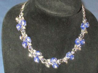 Vintage Silver - Tone Metal Blue & Clear Rhinestone Blue Lucite Flower Necklace