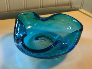 Rare Vintage 4 " Mcm Glass Blue Bubbles Hand Blown Ash Tray Bowl Blenko Murano ?
