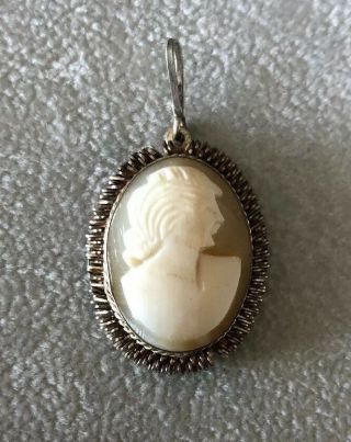 Vintage Antique 800 Silver Carved Cameo Shell Lady Portrait Pin Brooch Pendant