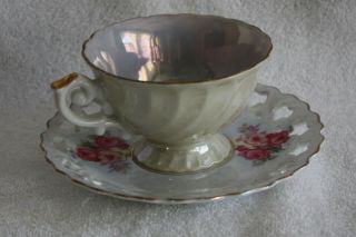 Lusterware China Floral Design,  Gold Trim Footed Teacup and Saucer 2