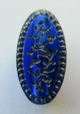 Stunning Antique Vtg Cobalt Blue Glass Button W/ Silver Luster Flowers 3/4 " (w)