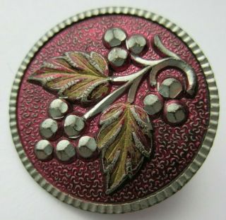 Xl Antique Vtg Tinted Pewter Metal Picture Button Floral Design (c)