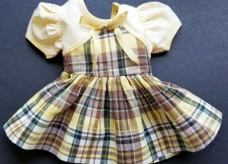 Vintage Factory Brown And Yellow Plaid Dol Dress Yelow Bow Fits 16 " Doll