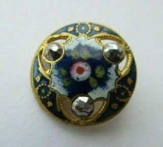 Stunning Small Antique French Champleve Enamel Button Pink Rose & Cut Steels (k)
