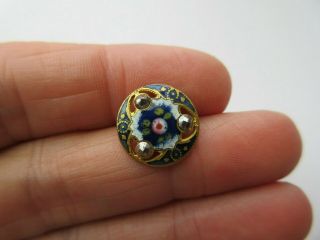 Stunning Small Antique French Champleve ENAMEL BUTTON Pink Rose & Cut Steels (K) 2