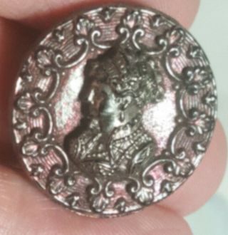 Antique Silver Luster Black Glass Victorian Lady Cameo Button Picture Button Wow