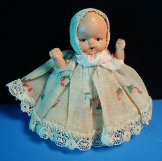 Vintage Porcelain Or Bisque 3 " Doll W/ Orig Dress And Hat.  So Cute