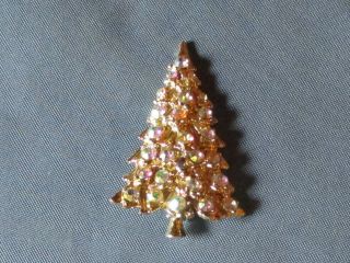 Vintage Gold - Tone Metal Aurora Borealis Rhinestone Christmas Tree Pin Brooch