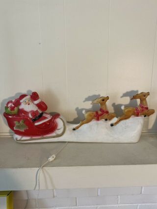 Rare Vintage Union Products Santa Sleigh W/ Reindeer Christmas Blow Mold 31”