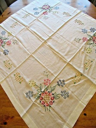 Vintage Embroidered Table Cloth Pretty Flowers 38 " X 38 " Coloured Embroidery