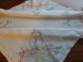 Vintage Hand Embroidered Cream Linen Tablecloth Baskets Of Flowers