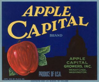 " Apple Capital " 1930s Wenatchee Washington Old Apple Fruit Crate Label