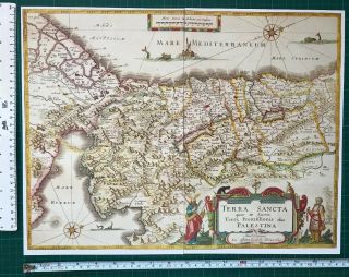 Antique Vintage Historic Old Colour Map Of Palestine 1629 1600 