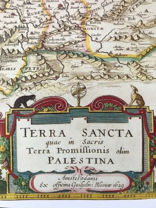 Antique vintage Historic Old Colour Map of Palestine 1629 1600 ' s: REPRINT Blaeu 2