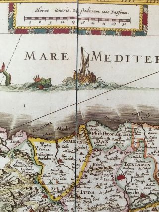 Antique vintage Historic Old Colour Map of Palestine 1629 1600 ' s: REPRINT Blaeu 3