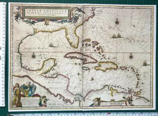 Antique Vintage Old Blaeu Map Of The Caribbean 1600 