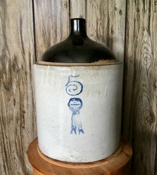 Rare Antique 5 Gallon Blue Ribbon Buckeye Pottery Jug