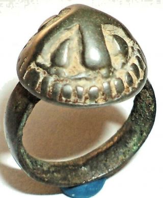 Ancient Rare Vikings Age Bronze Finger Ring With Cross On Bezel.  Kievan Rus.