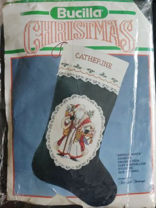Bucilla Christmas Antique Santa Counted Cross Stitch Cuff Medallion 17 " Stocking