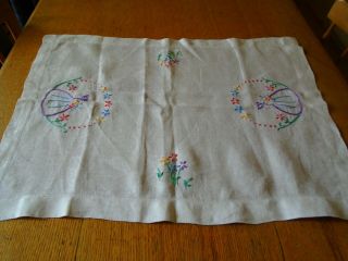 Vintage Hand Embroidered Linen Damask Table Topper - Crinoline Lady