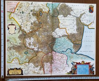 Old Antique Tudor Blaeu Map Of The Fens,  England: Norfolk,  Lincs 1600 