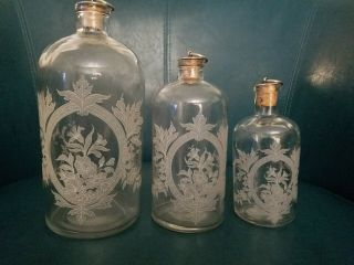 Rare Vintage Etched 3 Glass Bottles With Corks In Varying Sizes