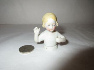Antique German Porcelain Half Doll - Little Girl Rosy Cheeks Waving