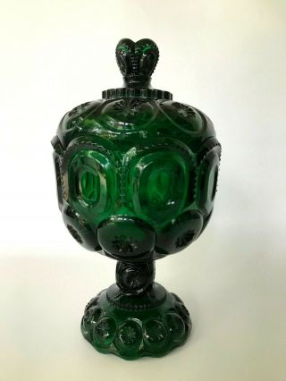 Rare Moon And Stars Green Glass Candy Bowl Or Dish 70s Vtg Smith With Lid