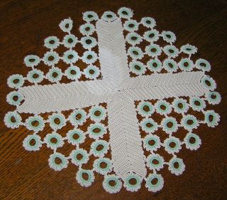 Vintage Fancy Shape Intricate Hand Crocheted Doily Pale Green Ecru Square Round