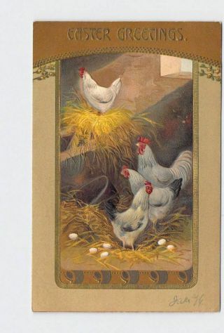 Antique Postcard Easter Greetings Chickens With Eggs Embossed