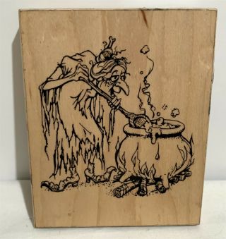 Visual Image Printing Witch With Cauldron Halloween Rubber Stamp Rare