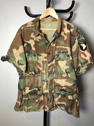 Rare Us Army 101st Airborne Hot Weather Erdl Woodland Camo Shirt Short Sleeve Xl