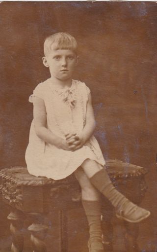1930s Cute Little Girl In White Dress On Table Fashion Old Russian Antique Photo