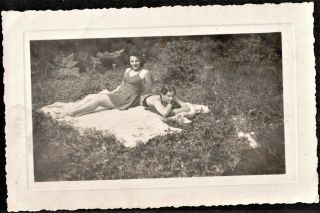 Vintage Antique Photograph Two Sexy Women In Bathing Suits Laying On Blanket