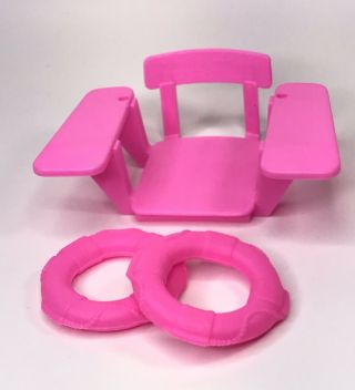 Vintage 1989 Barbie Beach Pool Pink Lifeguard Chair & Life Preserver Rings Bouys