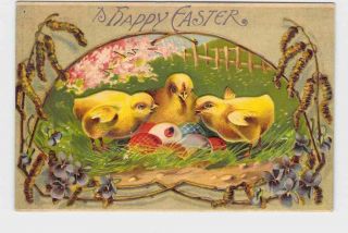 Antique Postcard Easter Chickens Chicks Eggs Lady Bug Violets Embossed Happy Eas