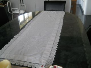 Vintage Large White Cotton Table Runner With Embroidery Details 54 " X 16 "