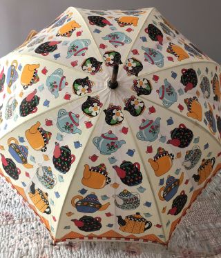 Rare Mary Engelbreit Umbrella Teapots Wooden Handle 1993 36 "
