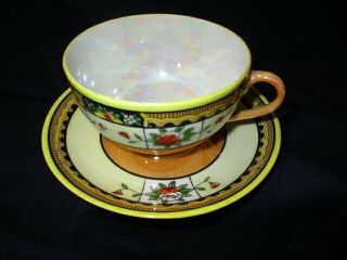CUP SAUCER JAPAN EGGSHELL THIN PEARL LUSTER FAMILLE ROSE BOLD BLACK ART BORDERS 2
