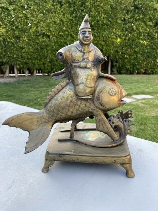Antique Chinese Bronze Japanese Figure Of A Fish And Man