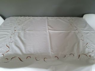 Stunning Square Vintage Thick White Cotton Embroidered Cut Work Tablecloth Large