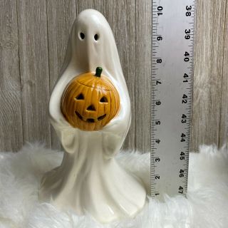 Vintage 10 " Spooky Ceramic Ghost & Pumpkin Halloween Decor Use W/ Votive [rare]