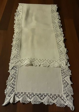 Vintage White Cotton Table Runner With Crocheted Lace - 42 " X 9 "