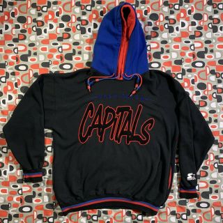 Vtg Washington Capitals Spell Out M Double Hooded Starter Sweatshirt Rare Hoodie