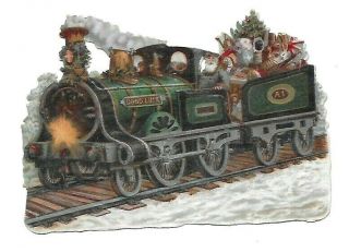 Victorian Antique Die Cut Scrap Santa And His Good Luck Train.  1880s - 1890s