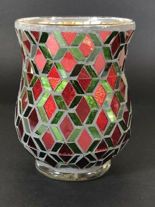 Vintage 5” Mosaic Hurricane Handmade Glass Candle Holder Vase Mid Century