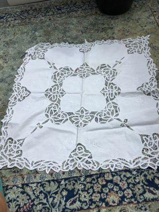Vintage White Linen Tablecloth Cut Out And Embroidered 80 Cm Square